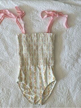 Minnow Smocked Citrus Linear Swimsuit xs